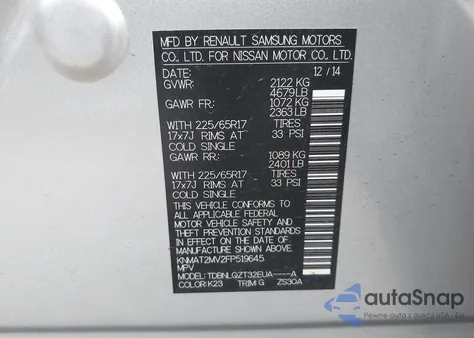 2015 Nissan Rogue Sv from USA, damaged, VIN KNMAT2MV2FP519645